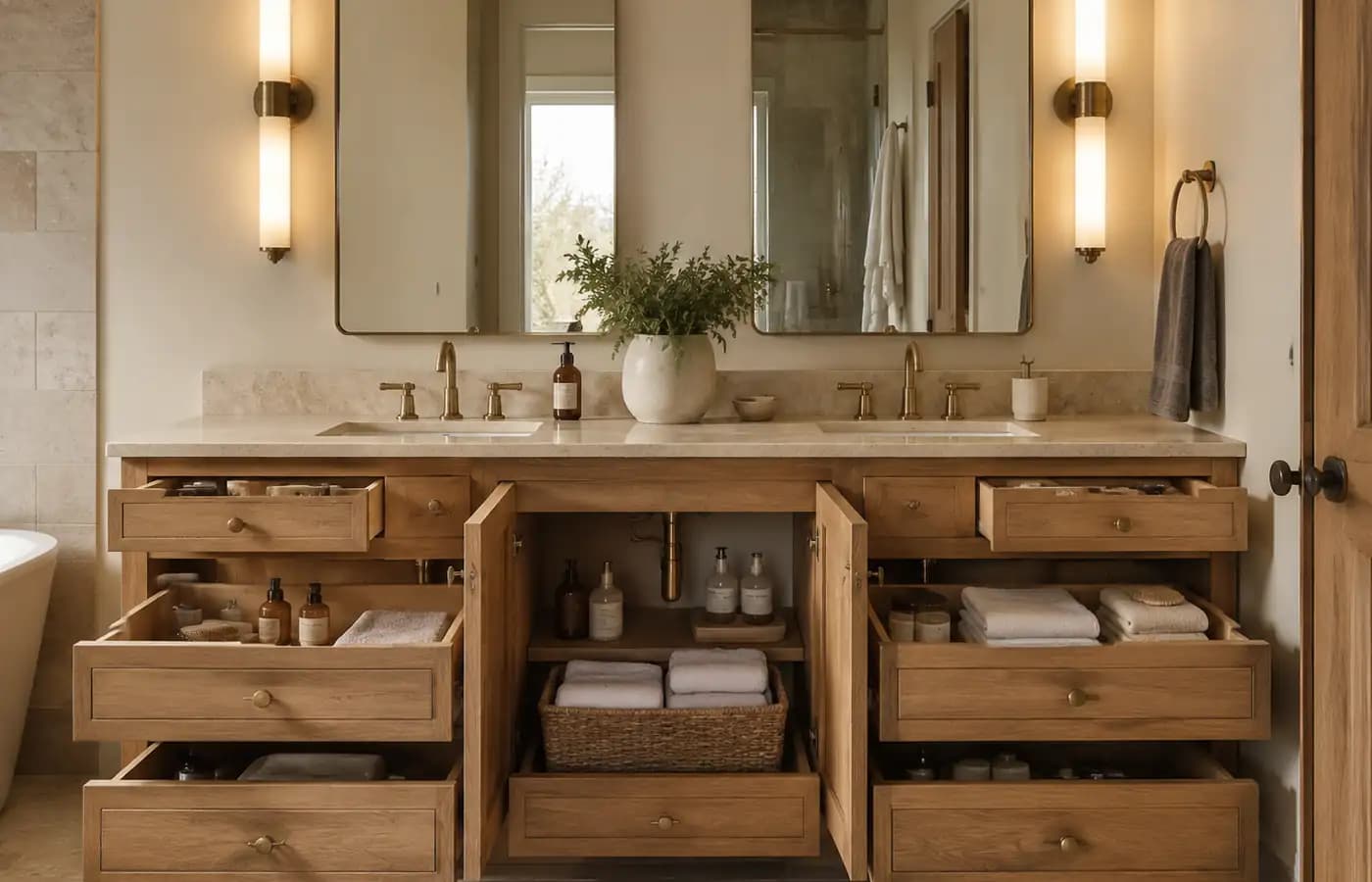 Bathroom vanity storage layout with open shallow and deep drawers, towels and plumbing clearance