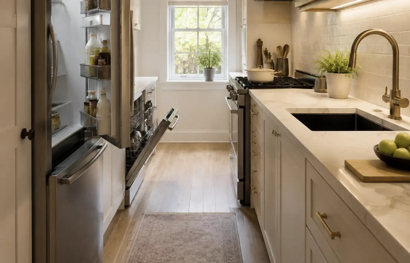 Small kitchen layout ideas showing how open appliance doors affect a galley aisle and prep counter