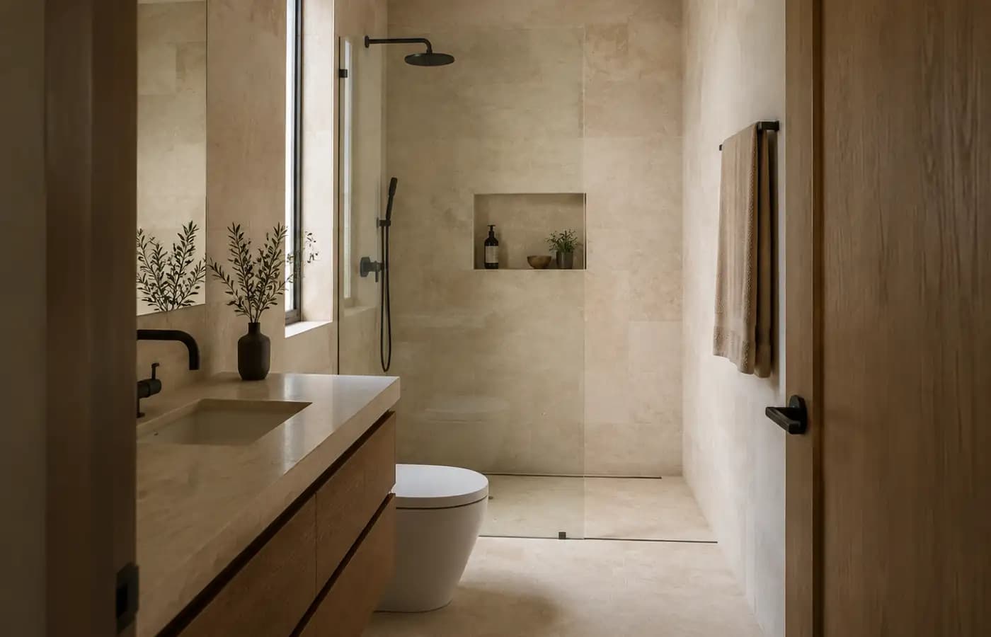 Walk-in shower layout viewed from the doorway with fixed glass, a dry walkway and recessed storage